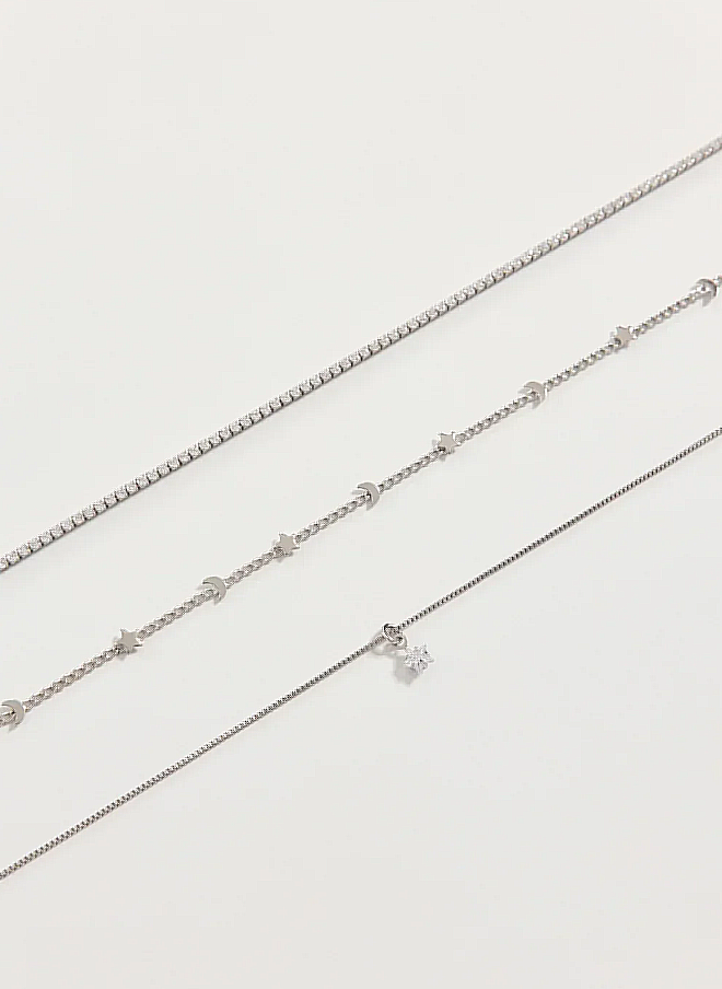 conjunto 3 colares prateados riviera estrelas