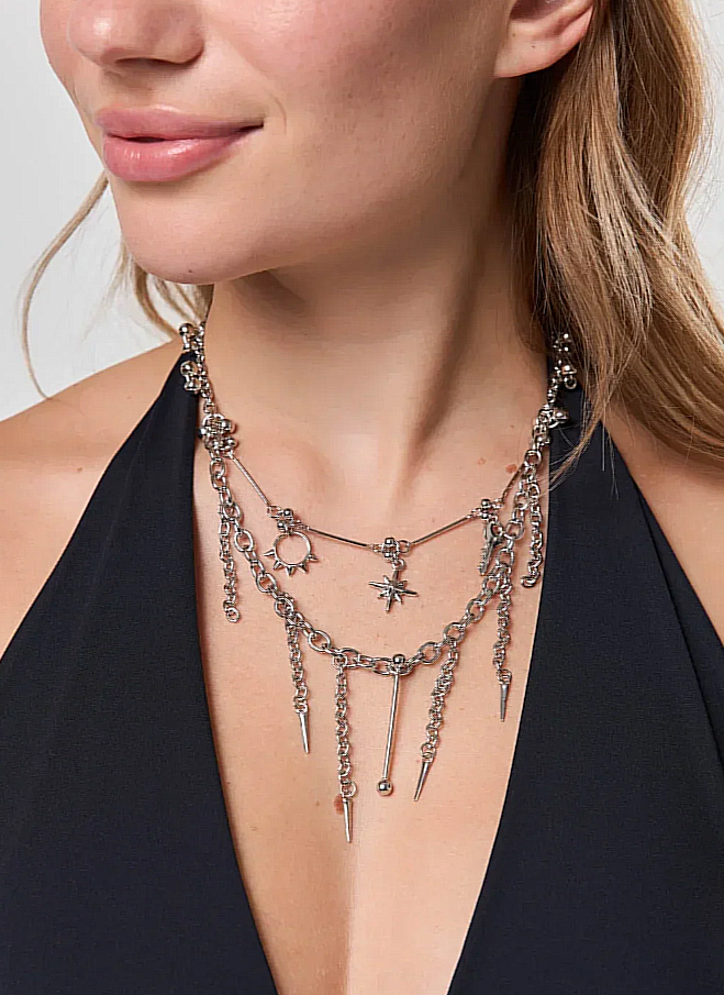 conjunto 2 colares prateados piercings