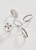 conjunto 5 anéis prateados strass coloridas